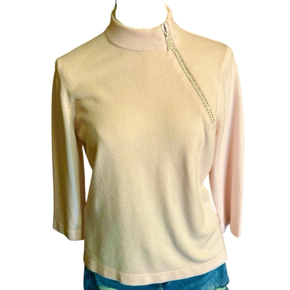 Designer .Original Chic Light Pink Mock Neck Sweater with Rhinestone Zipper